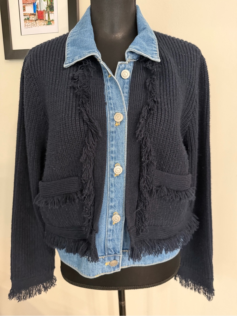 NVLT Women’s Navy Fringe Knit Cardigan Sweater M